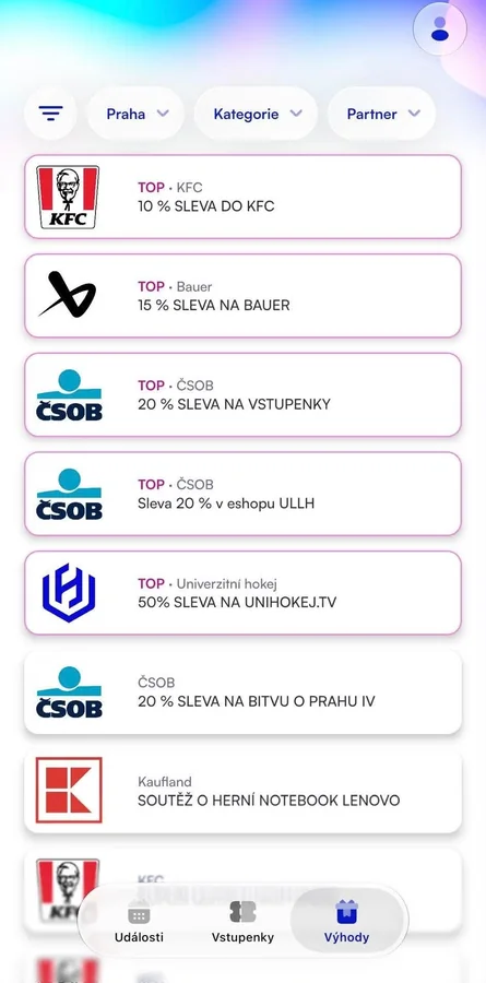 Záložka Výhody v aplikaci UniLife se slevou na Bitvu o Prahu IV