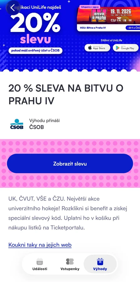Detail slevy v UniLife s tlačítkem Zobrazit slevu
